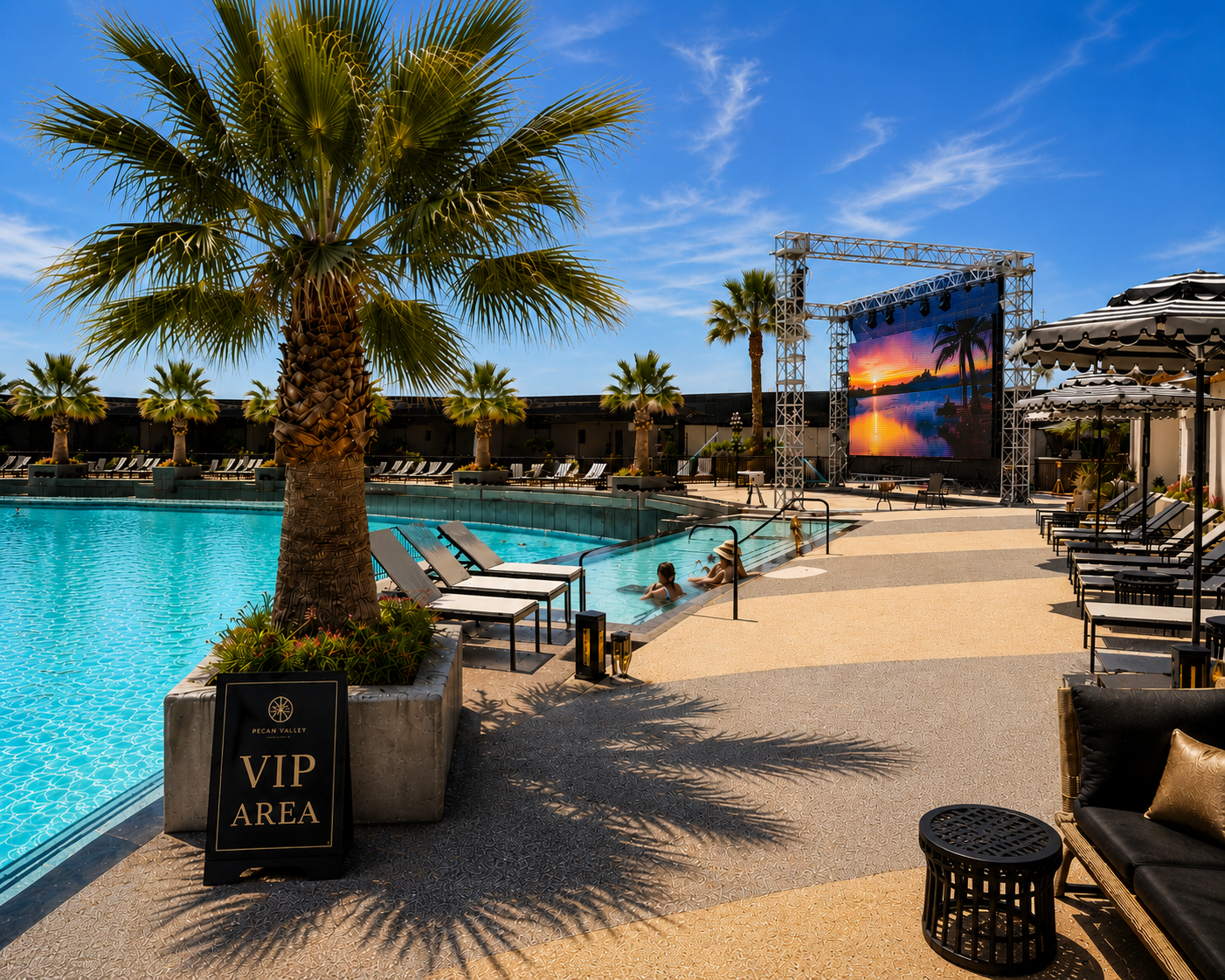 VIP private pool and hot tub area beside the concert stage