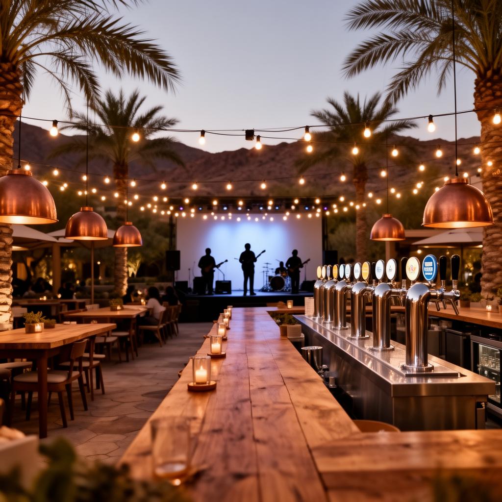 Outdoor beer garden at the resort with copper pendant lights and a live band