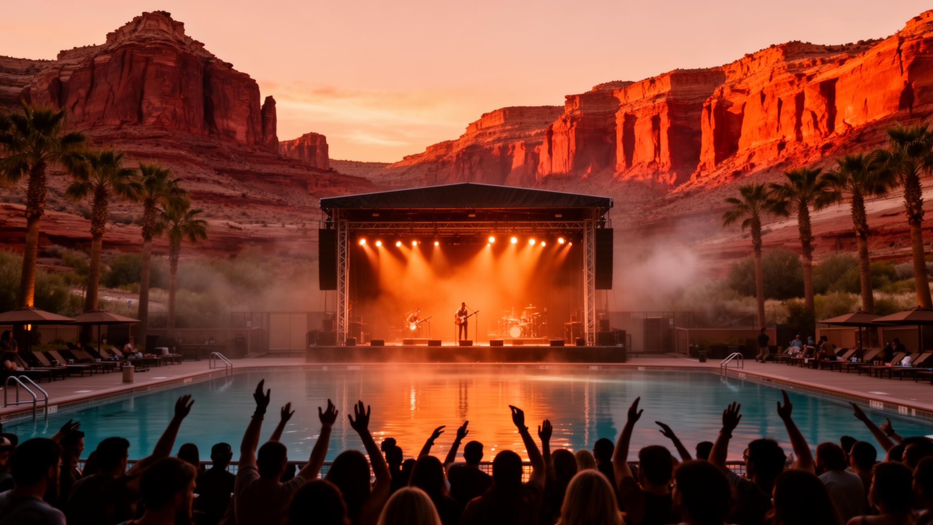 Sunset concert at the resort with red rock cliffs in the background